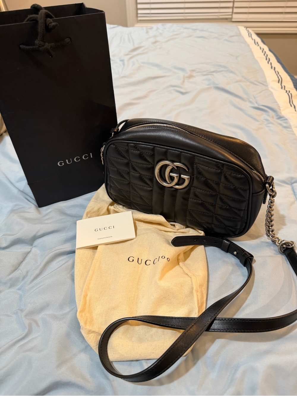Gucci Black Marmont Crossbody Bag w/ Silver Hardware, Dust Bag & shopping bag
